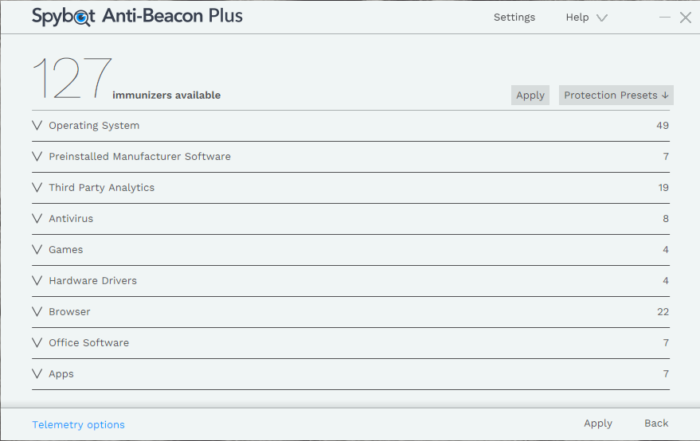 Spybot Anti-Beacon showing available categories, collapsed.
